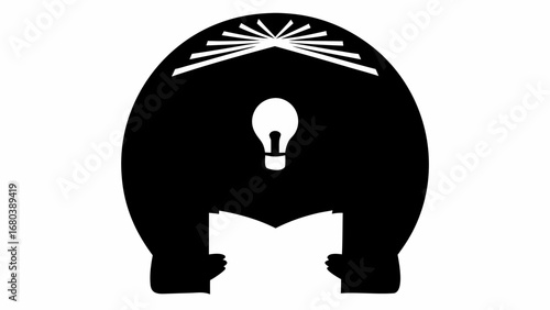 Silhouette of a person reading a book with a lightbulb above and rays emanating from the top, black and white
