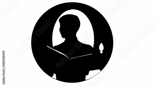 Silhouette of a person reading a book with a candle in a circular frame against a white background