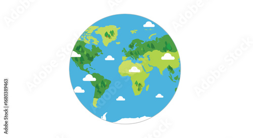 Stylized world map depicting continents and oceans with fluffy white clouds floating above the terrestrial globe view of earth flat graphic