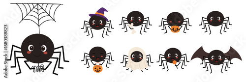 Cute Halloween Spiders Collection Isolated on White Background
