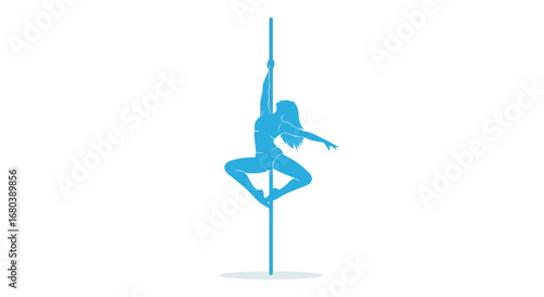 Dynamic Equilibrium: A Cyan Silhouette of Athleticism and Pole Artistry in Precise Form