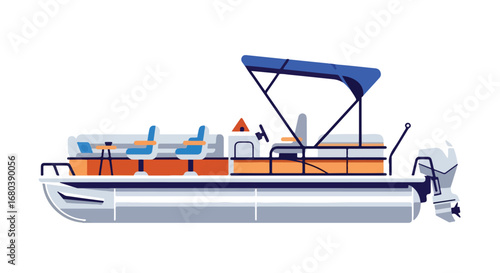Stylized Illustration of a Pontoon Boat with Comfortable Seating and Sun Canopy on a White Backdrop for Marine Recreation Visuals