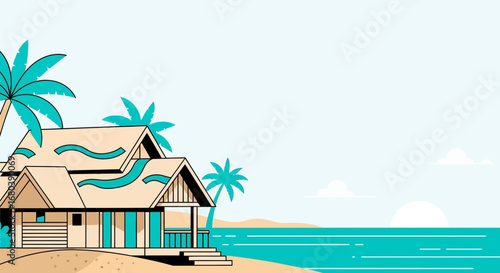 Scenic Tropical Retreat Featuring Beachfront Bungalow with Palm Trees Illustration