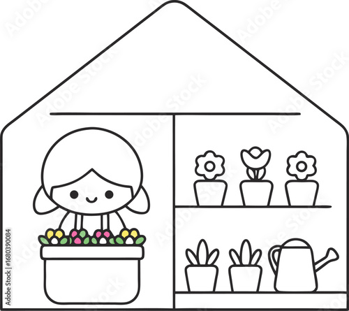 Cute kawaii girl in greenhouse with potted plants, minimalist outline style for gardening, home decor, and springtime designs