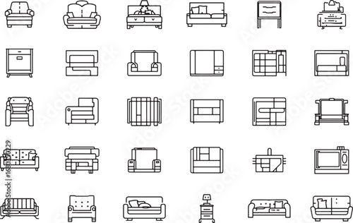 Sofa and Couch Icon Set – Furniture, Interior, Home, Living Room, Modern, Minimal, Chair, Seat, Bed, House, Apartment, Luxury, Design, Office, Relax, Home Decor, Architecture, Vector