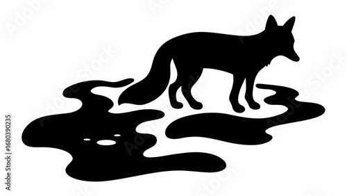 Silhouette of a fox standing near a dark liquid puddle on a white background in a minimalist design style