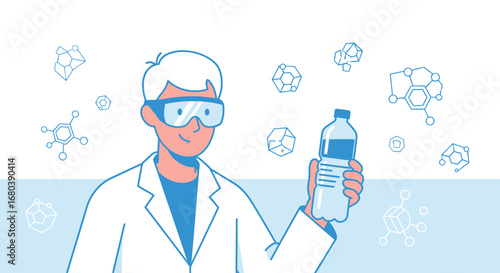 Scientist Holding Water Bottle With Molecular Structures Depicting Scientific Research