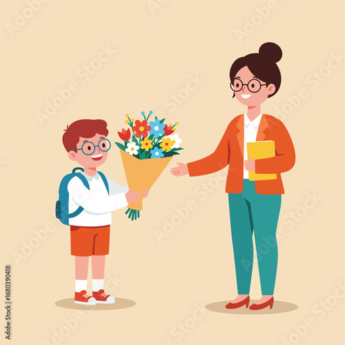 Student giving flowers to teacher.