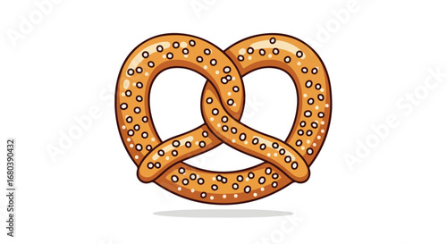 Detailed vector illustration of a golden-brown pretzel with scattered salt crystals, isolated on a pristine white backdrop, perfect for culinary