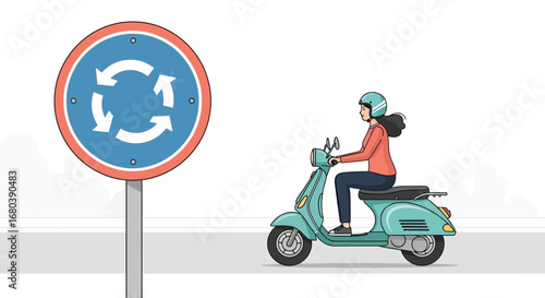 Scooter Rider Approaching a Roundabout Sign: Safe City Transportation Illustration Focus