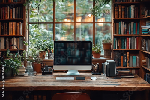 Computer and books on desk.