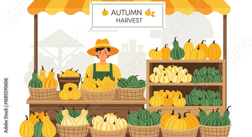 Seasonal Abundance: Autumn Harvest Market Stall Displaying Variety of Gourds and Pumpkins
