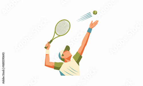 Athletic Tennis Player in Mid-Serve Motion with Racket and Ball.