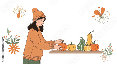 Seasonal Harvest Woman Selecting Pumpkins Arrangement on Shelves in a Minimalist Illustration