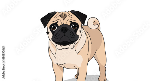Adorable cartoon pug illustration with endearing eyes on a plain white background showcases artistic detailing and charm for diverse creative uses