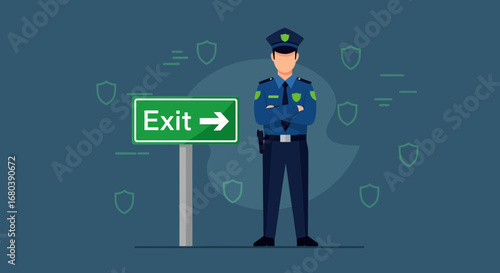 Security Guard Standing by Exit Sign Protecting Pathways With Protective Symbol Designs