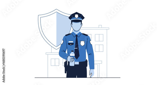Security Officer Symbolizing Vigilance and Protection with Building and Shield Backdrop