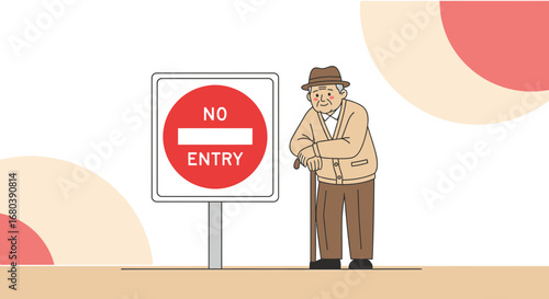 Senior Man With Cane Stands By A No Entry Sign On Light Background