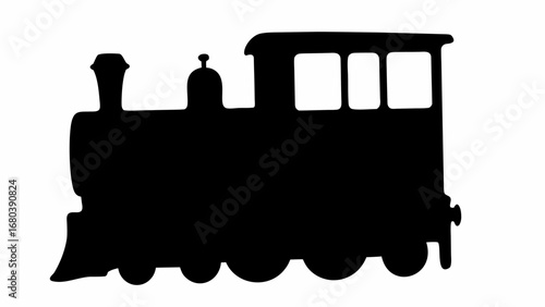 Silhouette illustration of a vintage steam train with visible wheels and window details in solid black color