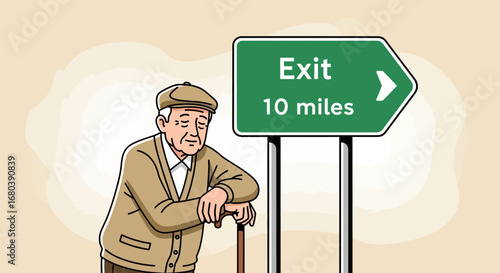Senior Man Leaning On Cane Near Exit Sign Indicating Distance Illustration