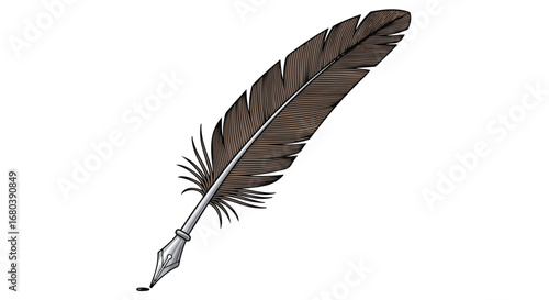 Vintage feather quill pen illustration ideal for history, writing, and calligraphy themes, evoking a sense of heritage and literary elegance