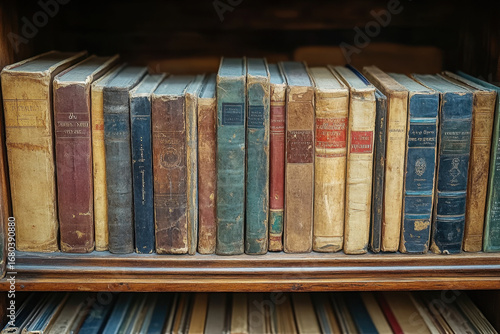 Old books neatly arranged on a wooden shelf.