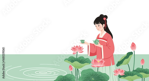 Serene Asian Woman Enjoying Tea Ceremony Beside Lotus Flowers In A Pond