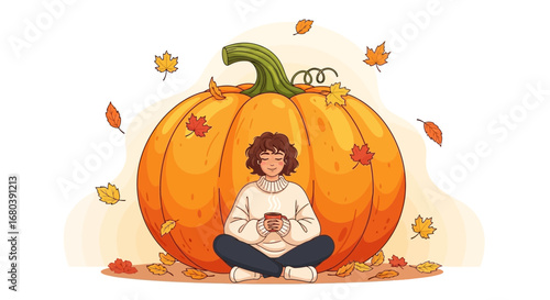 Serene Autumn Gathering: Person Contemplating Near A Harvest Pumpkin During Fall