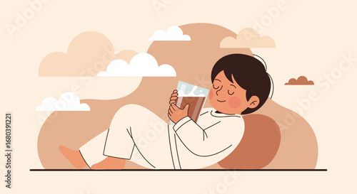 Serene Child Relaxes With Drink, Enjoying Peaceful Moments and Gentle Clouds Above