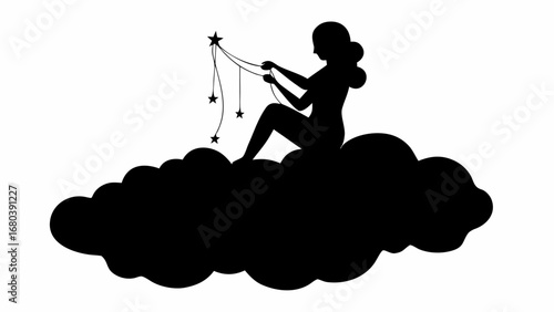 Silhouette of a woman sitting on a cloud and holding stars hanging from strings in a black and white image