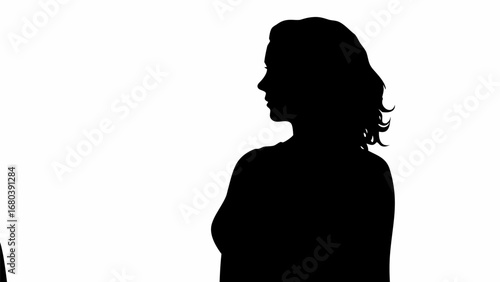 Silhouette of a woman with shoulder length curly hair looking to the left against a white background image