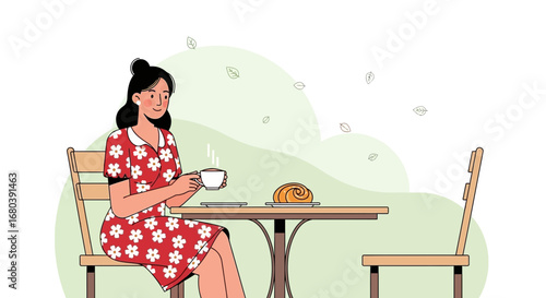 Serene Lady Enjoying Coffee and Pastry at Outdoor Cafe with Floral Dress Details