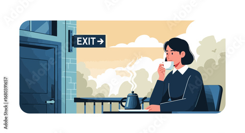 Serene Moment: Woman Enjoying Coffee Near Exit Sign, Amidst Calm Atmospheric Setting