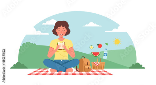 Serene Picnic Enjoyment: Woman Relaxes And Savors Sandwich On A Peaceful Day