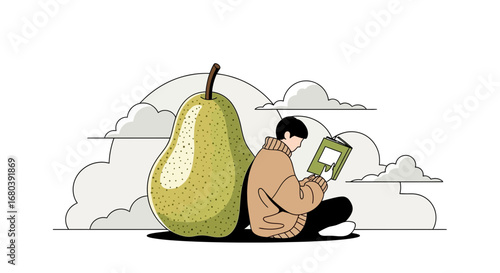 Serene Reader Beside a Giant Pear, Whimsical Tale, Dreamy Illustration