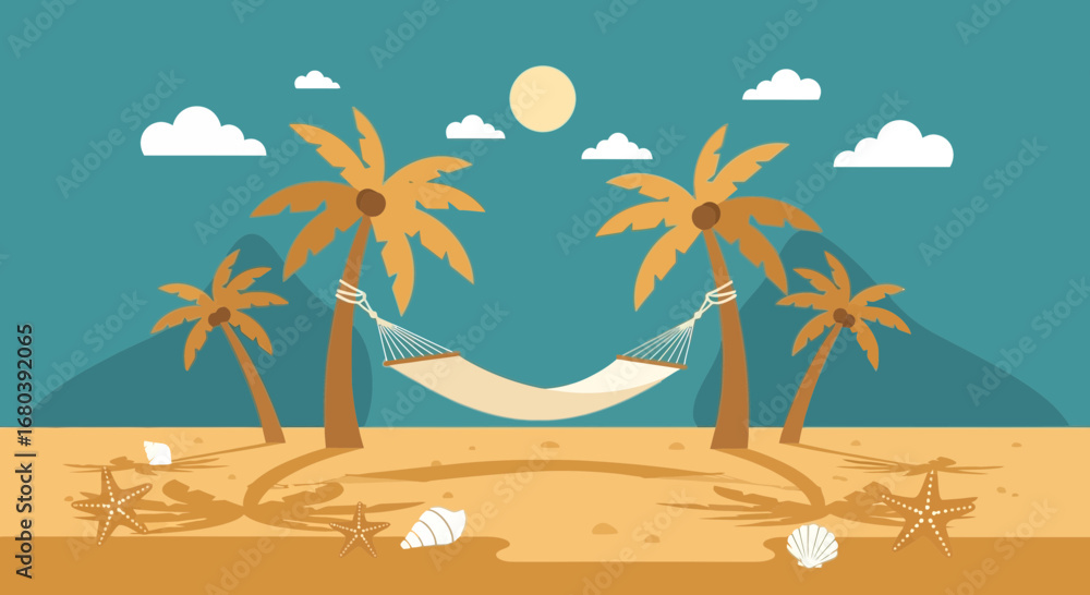Fototapeta premium Serene Tropical Beach Scene with Hammock, Palm Trees, and Peaceful Sunlight