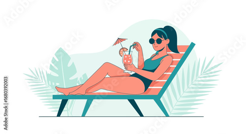 Serene Summer Day: A Woman Relaxing with a Drink and Sunglasses on a Beach Lounge Chair
