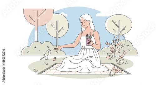 Serene Summer Picnic with Bird: A Moment of Sunlight, Pleasure, and Contentment