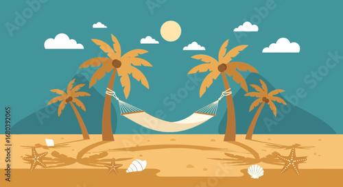 Serene Tropical Beach Scene with Hammock, Palm Trees, and Peaceful Sunlight