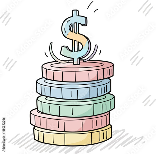 A cartoon illustration of a stack of colorful coins topped with a dollar sign AI/EPS/PNG/JPEG