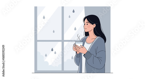Serene Woman Admiring the Rain While Holding a Warm Beverage and Resting.