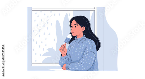 Serene Woman Enjoys Icy Treat Beside Window While Observing Gentle Rainfall