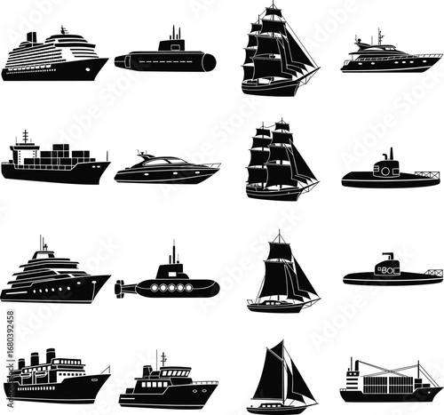 Silhouette Vector Set of Ships, Submarines, Yachts, Sailboats, and Cargo Vessels – Marine Transportation Icons for Travel and Nautical Design