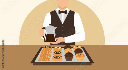 Serving Breakfast: A Waiter With Coffee and Delicious Baked Goods Presentation