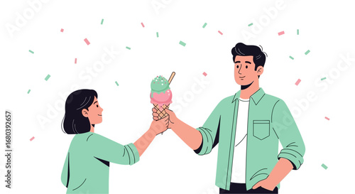 Sharing An Ice Cream Cone Together Celebrating With Colorful Confetti Shower