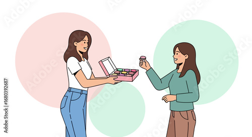 Sharing And Exchanging Colorful Cosmetics Between Two Women Against A Pastel Background