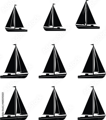 Silhouette Sailboats in Grid Formation - Nautical Themed Vector Illustration with Increasing Sizes - Perfect for Marine, Travel, or Pattern Design