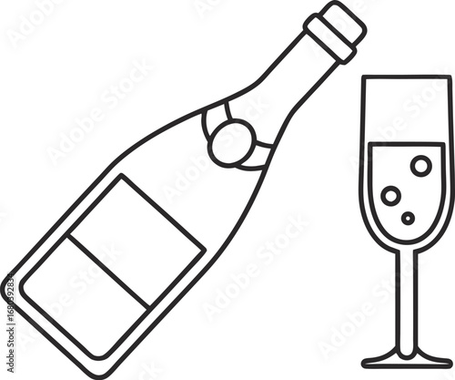 Elegant champagne bottle and glass, perfect for celebrations, new years eve, or romantic occasions, featuring a minimalist outline design