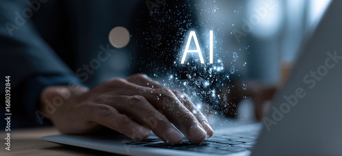 Close-up of hands typing on a laptop, with the word 