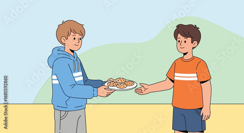 Sharing Cookies: A Kind Gesture Depicted In A Colorful And Friendly Illustration